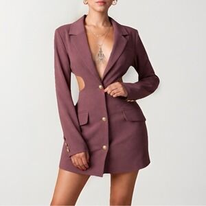 NWT By Egreis Mauve Cutout Blazer Dress Gold Crest Buttons L Bodycon